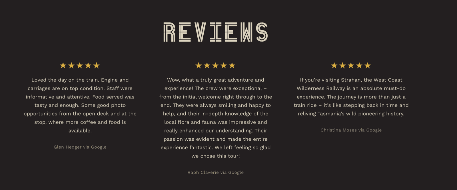 A reviews section on the test page showing three five-star Google reviews below the journey map